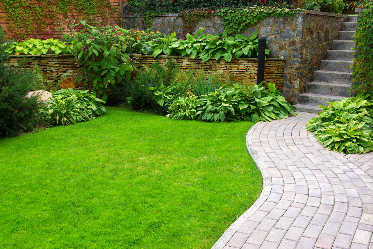 Garden stone path with grass growing up between the stones